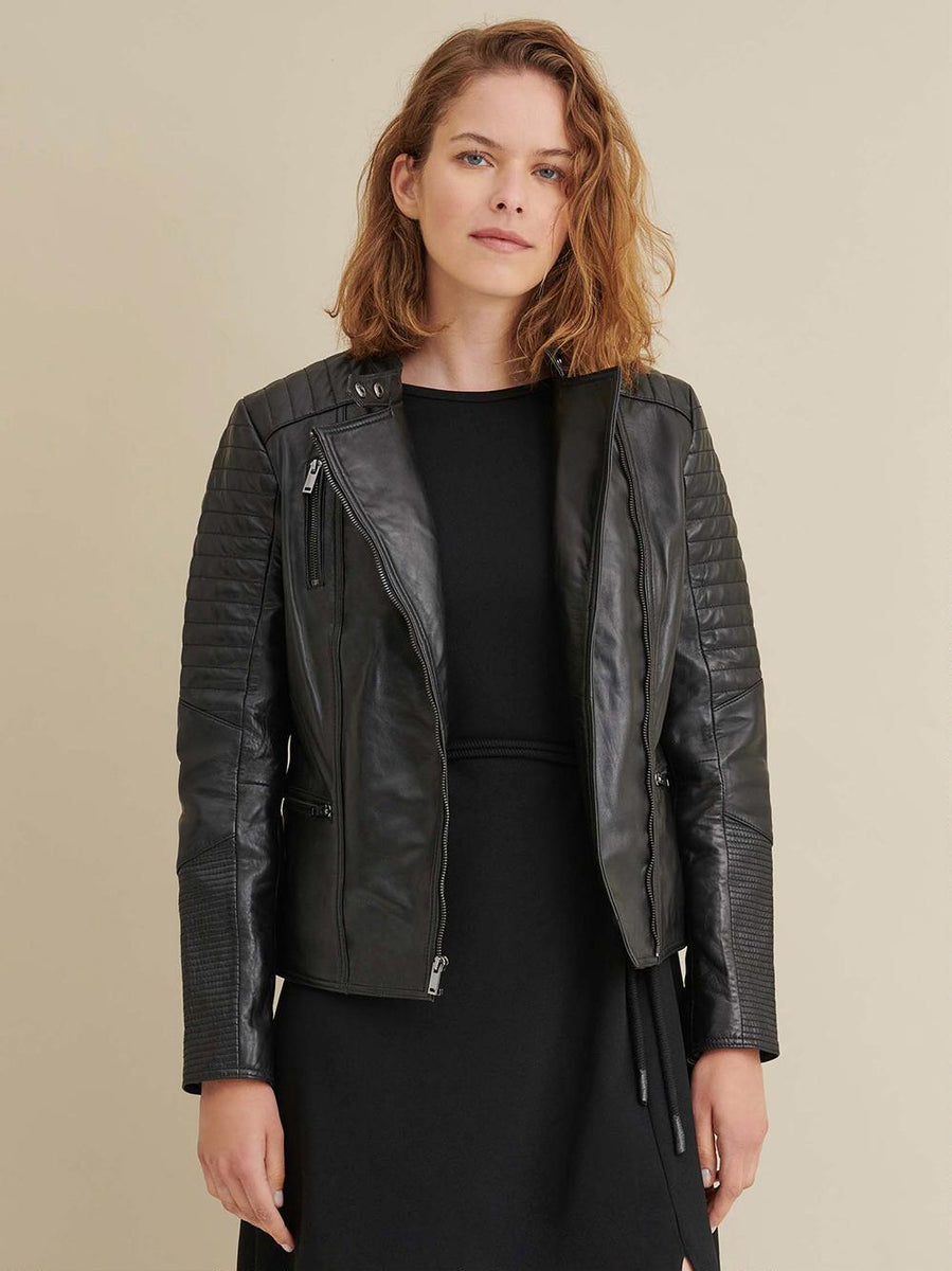 Edgy Black Leather Biker Jacket with Red Quilted Lining - Leather Skin Shop