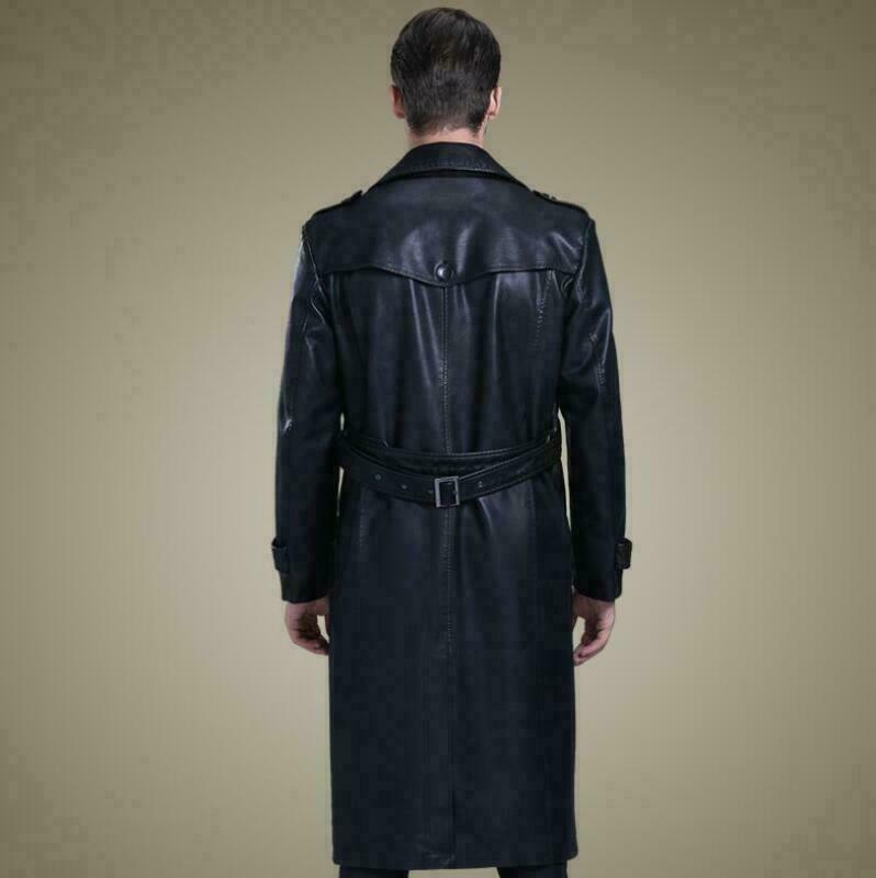 Belted Fashion Soft Lambskin Black Leather Trench Coat for Men