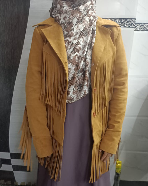 Noora Cowgirl Style Golden Tan Suede Leather Fringe Jacket for Women, Celebrity-Inspired Tassel Biker Midi Coat, Chic & Trendy Western Outerwear