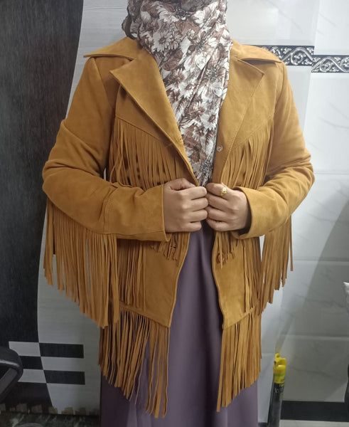 Noora Cowgirl Style Golden Tan Suede Leather Fringe Jacket for Women, Celebrity-Inspired Tassel Biker Midi Coat, Chic & Trendy Western Outerwear