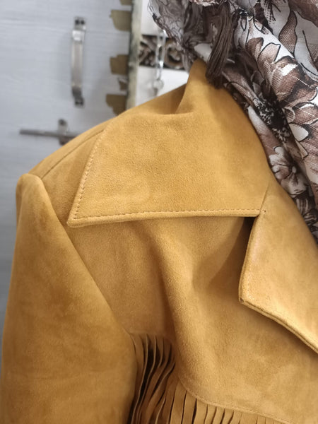 Noora Cowgirl Style Golden Tan Suede Leather Fringe Jacket for Women, Celebrity-Inspired Tassel Biker Midi Coat, Chic & Trendy Western Outerwear