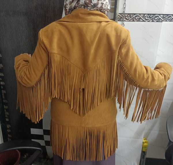 Noora Cowgirl Style Golden Tan Suede Leather Fringe Jacket for Women, Celebrity-Inspired Tassel Biker Midi Coat, Chic & Trendy Western Outerwear