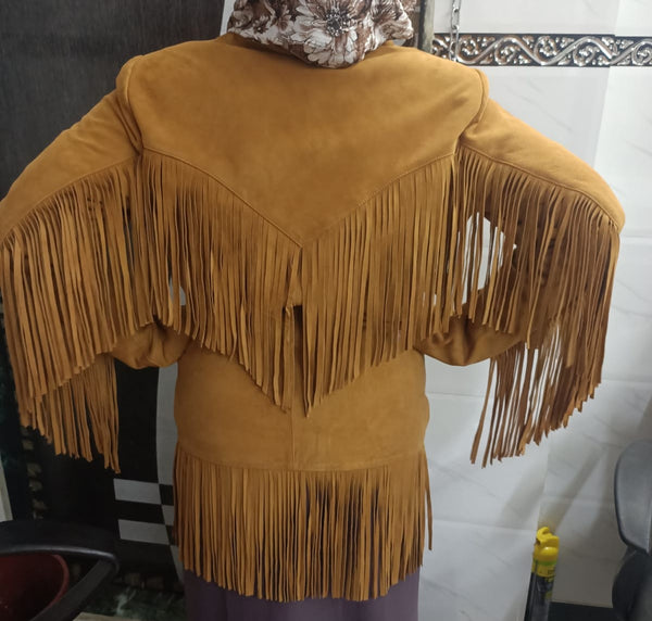 Noora Cowgirl Style Golden Tan Suede Leather Fringe Jacket for Women, Celebrity-Inspired Tassel Biker Midi Coat, Chic & Trendy Western Outerwear