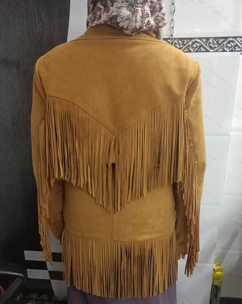 Noora Cowgirl Style Golden Tan Suede Leather Fringe Jacket for Women, Celebrity-Inspired Tassel Biker Midi Coat, Chic & Trendy Western Outerwear