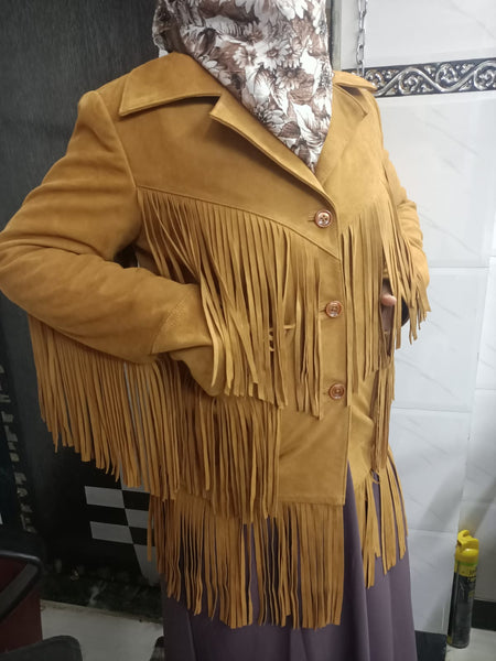 Noora Cowgirl Style Golden Tan Suede Leather Fringe Jacket for Women, Celebrity-Inspired Tassel Biker Midi Coat, Chic & Trendy Western Outerwear