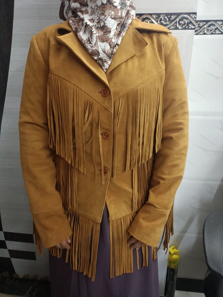 Noora Cowgirl Style Golden Tan Suede Leather Fringe Jacket for Women, Celebrity-Inspired Tassel Biker Midi Coat, Chic & Trendy Western Outerwear