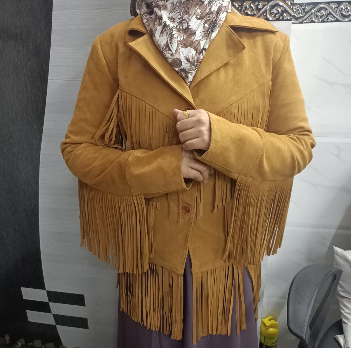 Noora Cowgirl Style Golden Tan Suede Leather Fringe Jacket for Women, Celebrity-Inspired Tassel Biker Midi Coat, Chic & Trendy Western Outerwear