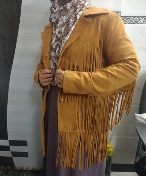 Noora Cowgirl Style Golden Tan Suede Leather Fringe Jacket for Women, Celebrity-Inspired Tassel Biker Midi Coat, Chic & Trendy Western Outerwear