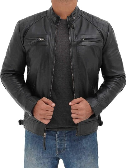 Noora Men's Lambskin Black Leather Jacket, Stylish Quilted Motorcycle Biker Leather Jacket, Best Gift For Him