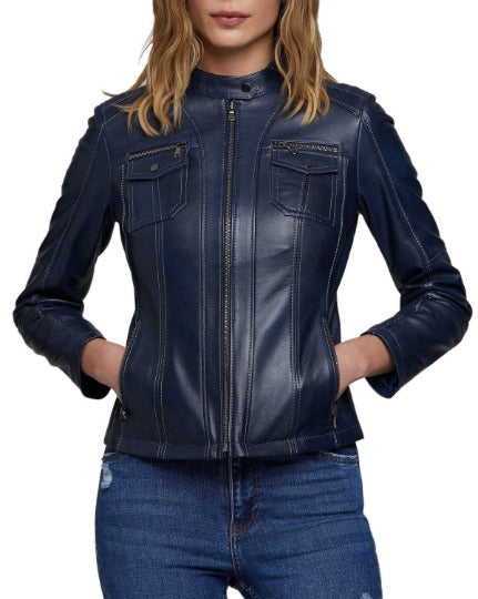 NOORI Women's INK Blue Leather Jacket | Party outfit for the day | shops Casual Party Jacket | Biker Jacket | Modern Style Jacket | Gift For Her |