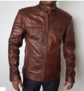 Noora Mens Lambskin  ANTIQUE BROWN Quilted Biker Jacket| Motorcycle Distressed Biker Leather SU0256