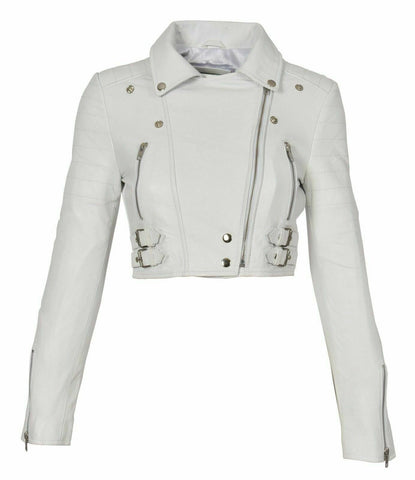 NOORA White Leather Womens Biker Jacket Short Cropped Fitted Sexy Bolero - WA499