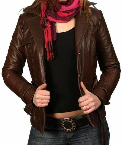 Noora Women Brown Leather Jacket Slim Fit Biker Motorcycle lambskin Leather-NFS BS-102