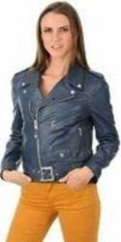 Noora Women's Blue Lambskin Leather Jacket | Biker Racer Belted Leather Jacket With Branded YKK Zipper  QD238