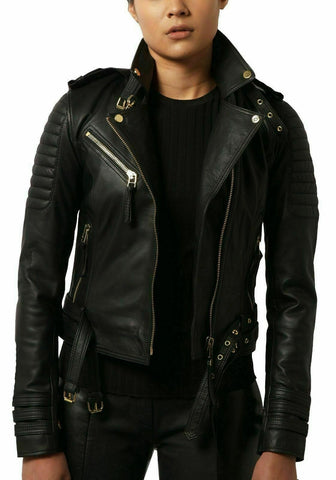 NOORA New Women Genuine Lambskin Leather Black Jacket bomber Biker Modern QD242