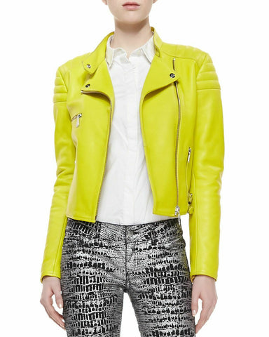 NOORA NEW WOMEN VINTAGE LIME LAMBSKIN LEATHER JACKET BIKER MODERN JACKET QD64