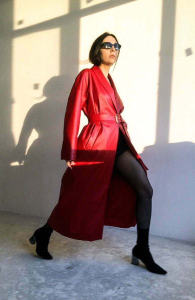 NOORA Red leather trench coat,70s leather coat, long leather coat,red Jacket