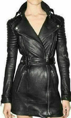 Noora Women Leather Jacket With Belt Long Trench Coat Outfit Windbreaker Coat QD