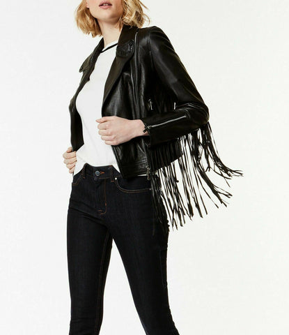 NOORA New Women Leather Lambskin Crop Jacket Black Fringe Biker Motorcycle QD29