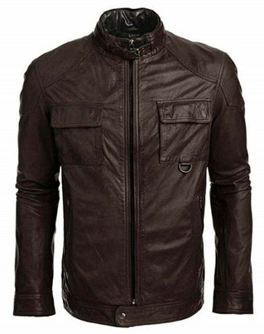 NOORA Mens Brown Leather Quilted Safari Double Collar Zipped Long Jacket QD45