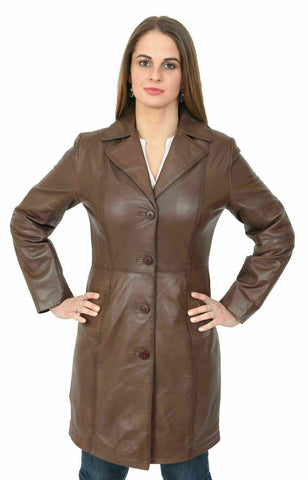 NOORA TRENCH women BROWN Mid-Length Designer Real Napa Leather Jacket Coat WA230