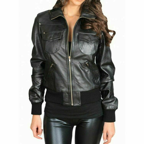 Noora New Women's Black Leather BOMBER Jacket Lambskin Motorcycle SLIM FIT SP43@