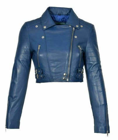 NOORA New Womens Genuine Lambskin Leather Cropped Blue Jacket  Modern Biker QD249