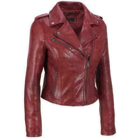 Noora Women Lambskin Red Leather Jacket Motorcycle Modern Jacket QD110