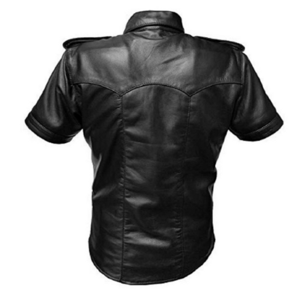 Noora Mens Black Lambskin Leather Police Uniform Shirt | Half Sleeve With Shoulder Strap With Button closure Black Shirt SU043