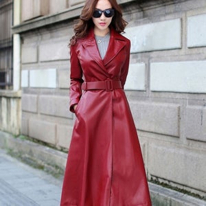 Men's Genuine Lambskin 100% Leather Long Trench Coat Double Breasted  Stylish Red